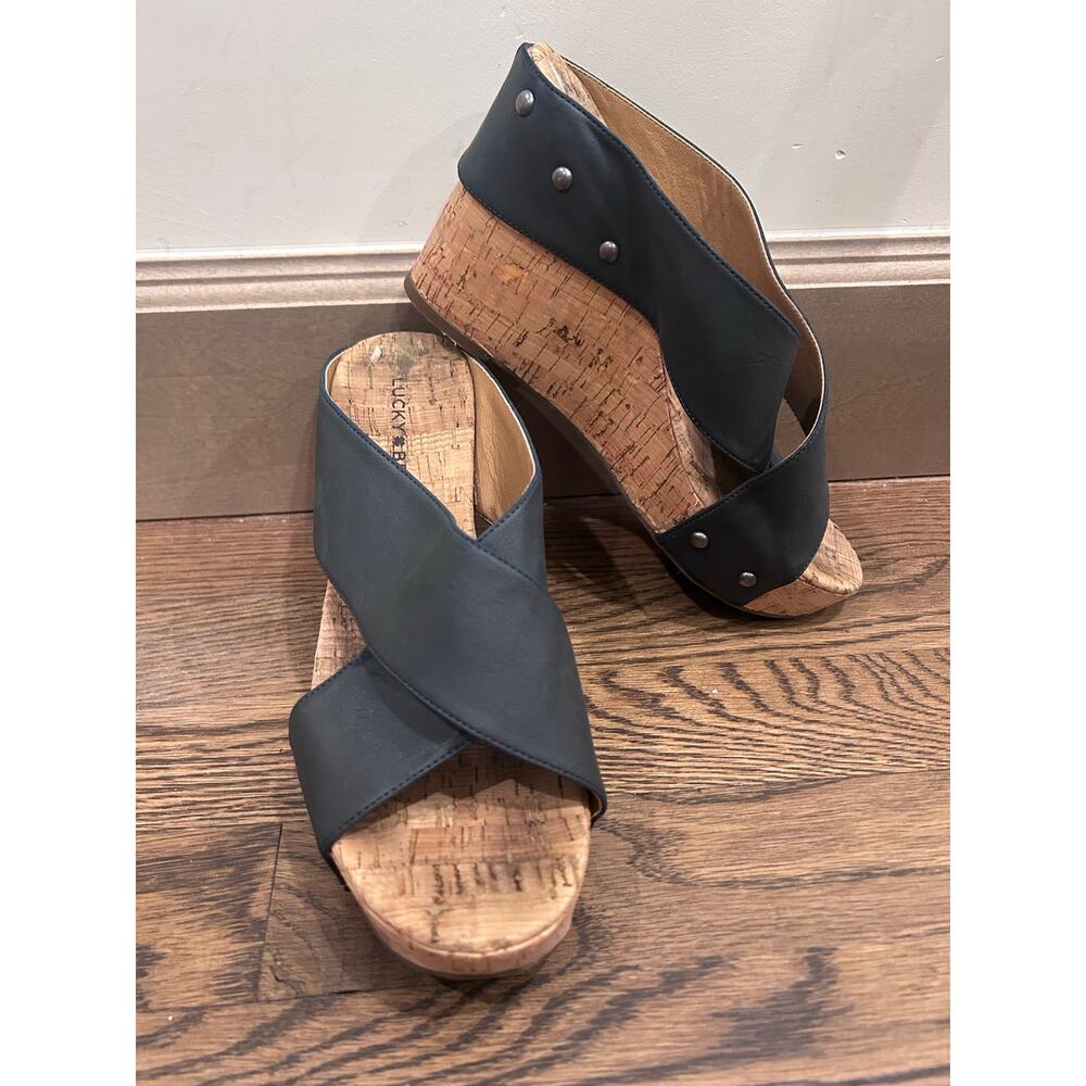 Lucky Brand Mykayla Black Faux Leather Wedge Cork Sandals Boho Edgy Summer